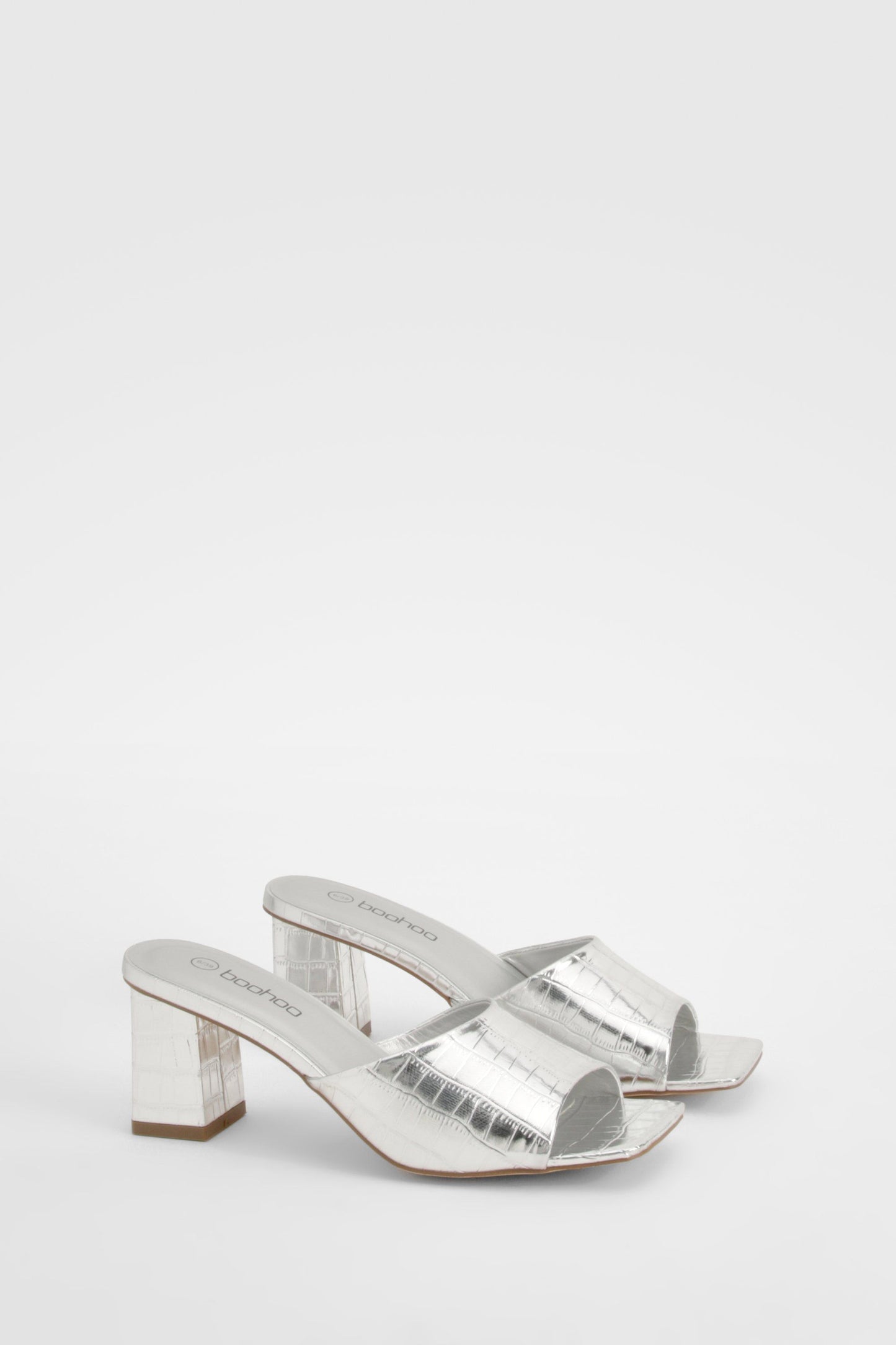 Boohoo Croc Metallic Low Block Heeled Mule Shoe