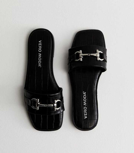 VERO MODA By NEW LOOK Black Faux Croc Metal Trim Sliders