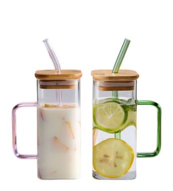 ZCM-HAPPY 2-Piece Square Glasses with Handles Glacier Cup Drinking Cup Cold Drink Coffee Cup with Straw