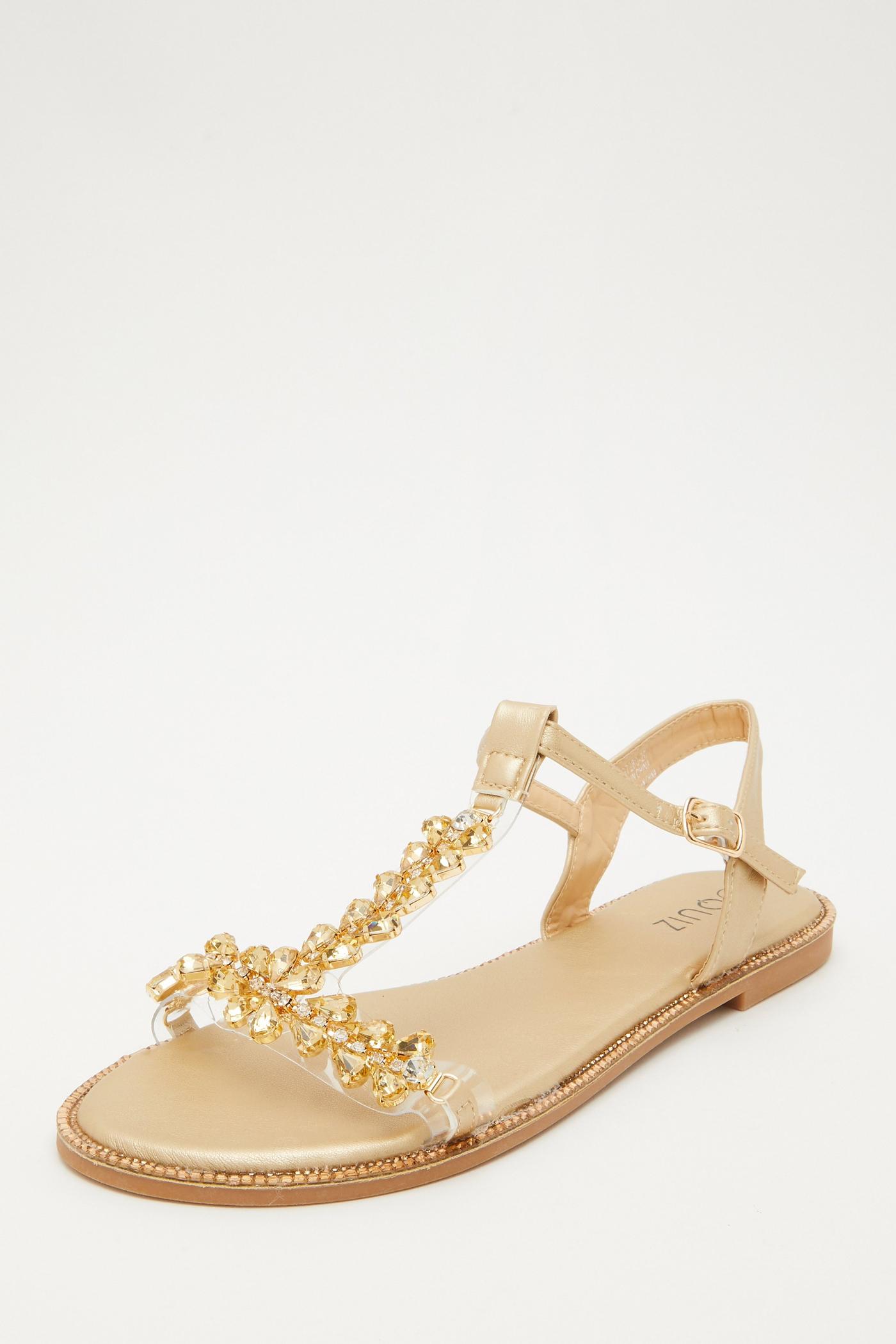 Gold Embellished T-Bar Flat Sandals