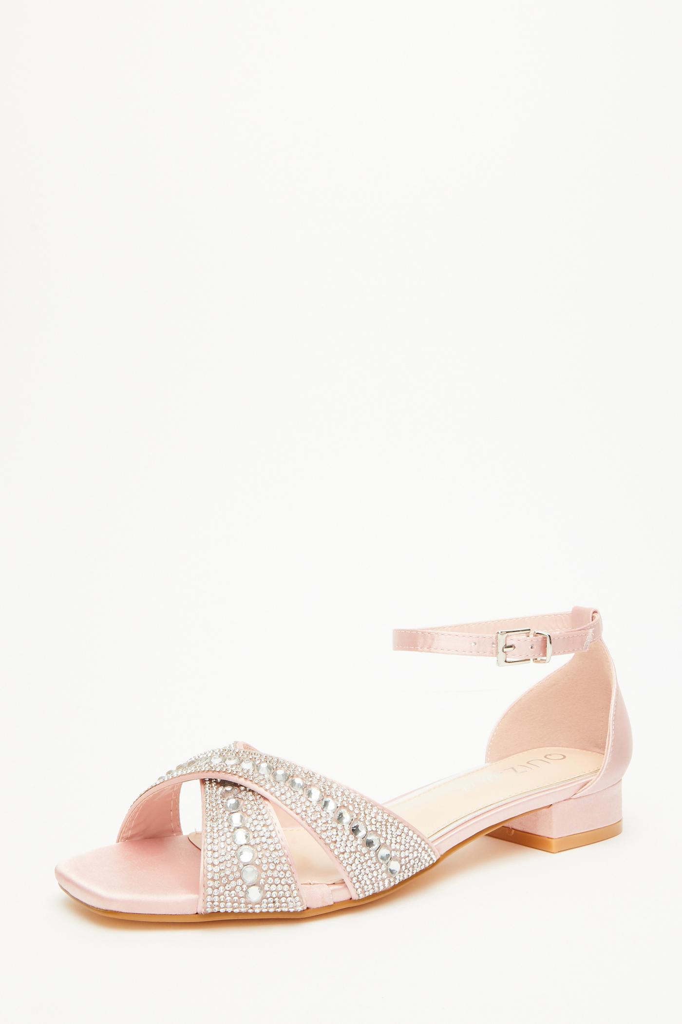 QUIZ Wide Fit Pink Diamante Cross Strap Flat Sandals