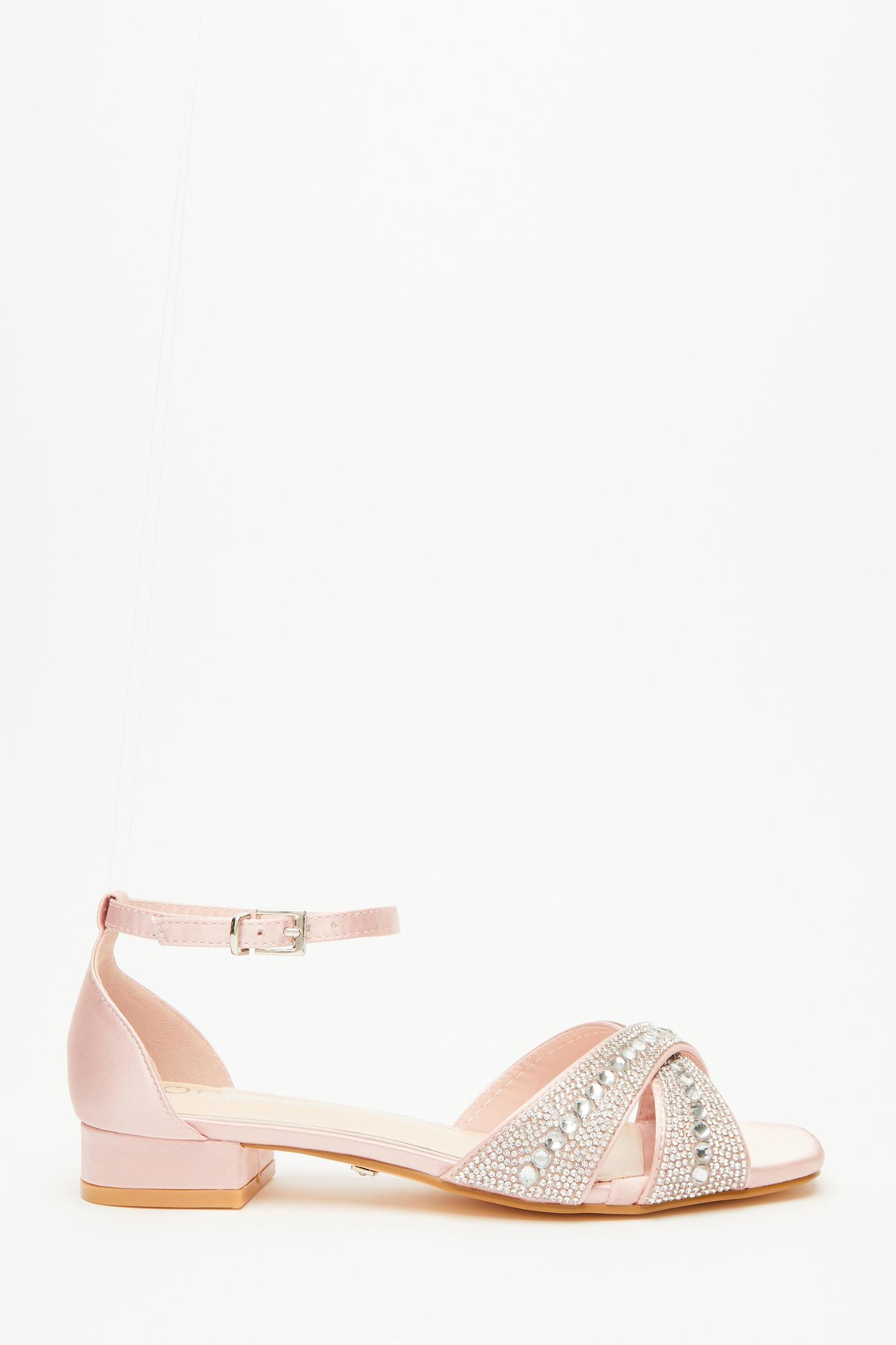 QUIZ Wide Fit Pink Diamante Cross Strap Flat Sandals
