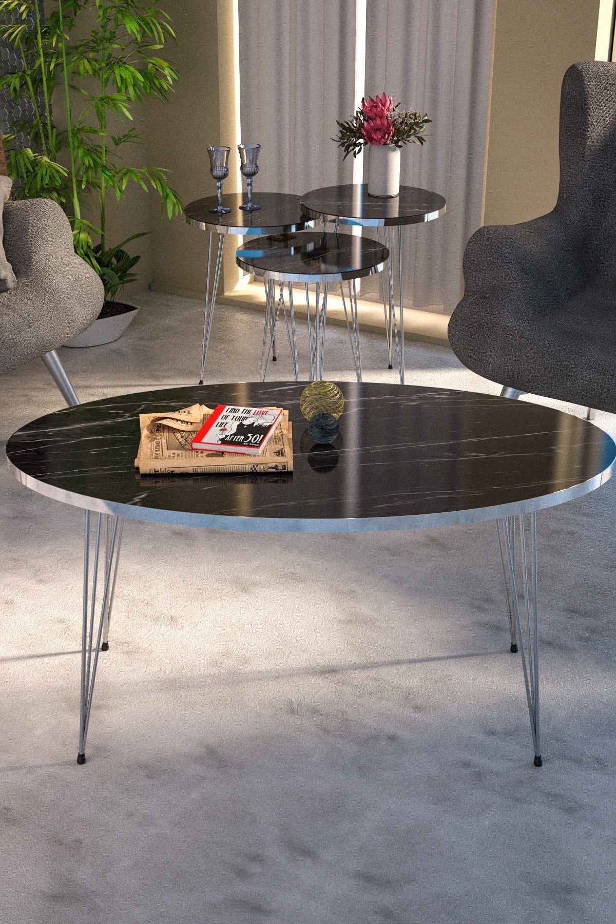 GOLDFALEZ BLACK Nesting Table And Center Table Ellipse Set Silver Bendir Wire