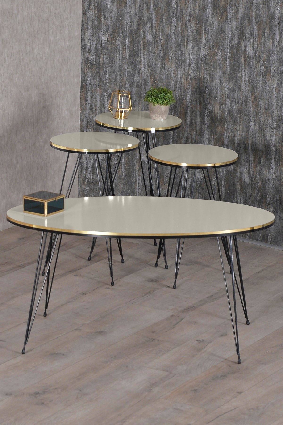 GOLDFALEZ Nesting Table And Center Table Ellipse Set Black Wire Leg Double Gold Cream Size: CREAM