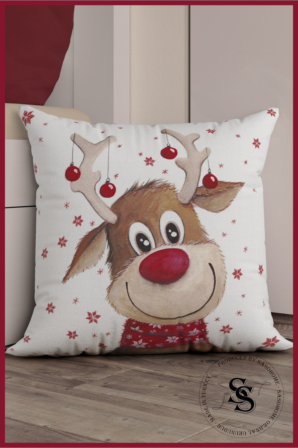 Christmas Deer Happy New Year Happy New Year Patterned Digital Printed Cushion Cover : Red-White-Pink