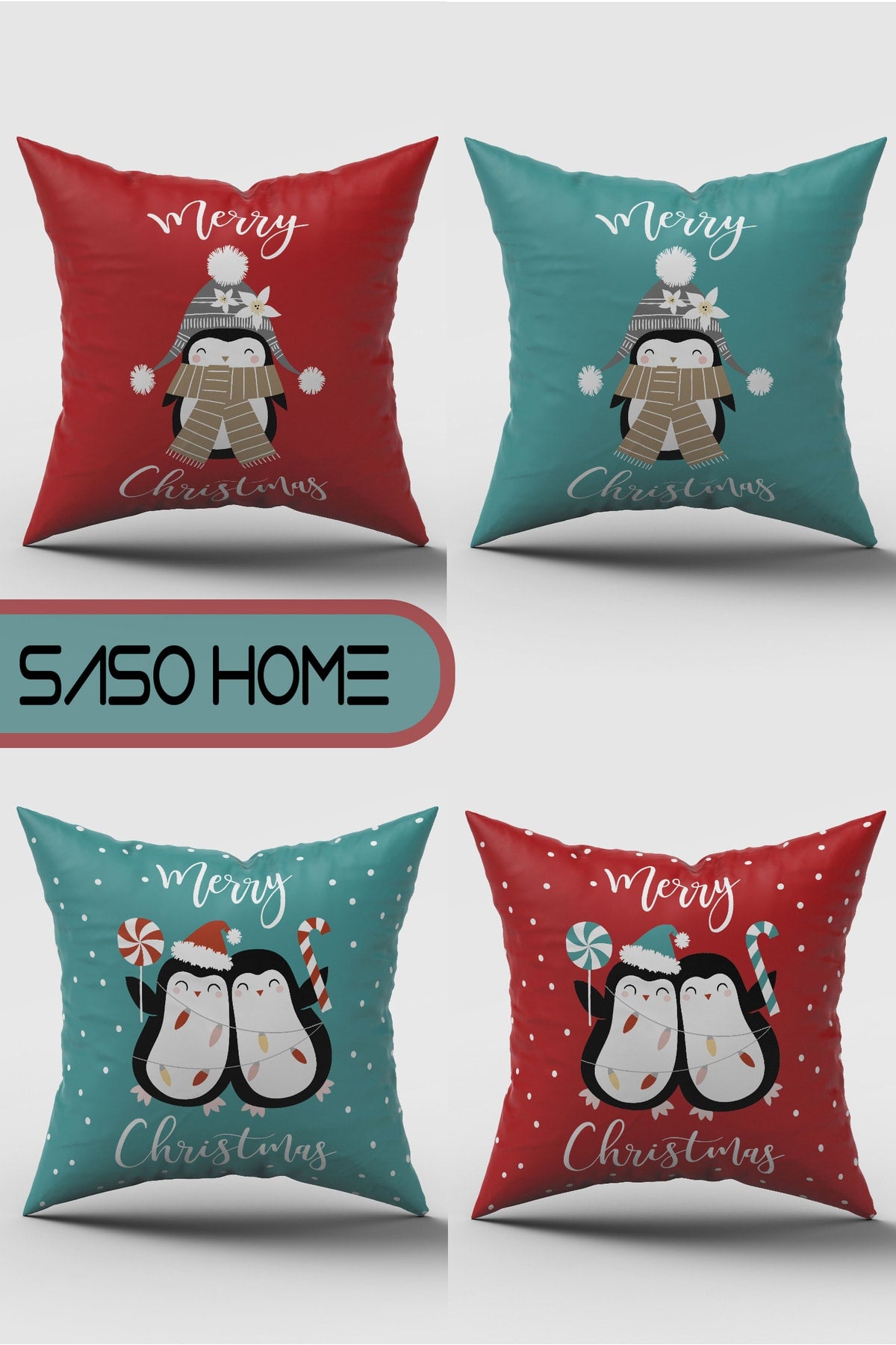 Happy New Year Cheerful Penguins Patterned 4-Piece Cushion Cover, Red-Turquois
