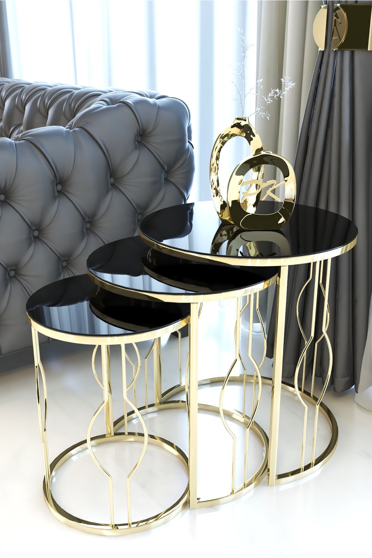 Puklife Ecrin 3 Pcs Nesting Table Gold Color Metal Leg, Black Mirror