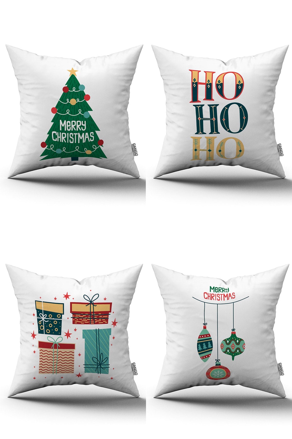 White Multicolored Christmas Themed 4-Piece Throw Pillow Cover, Lot