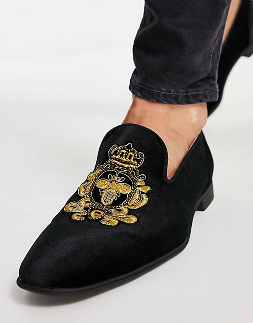 ASOS DESIGN Loafers in Black Velvet with Badge Detail Wide Fit