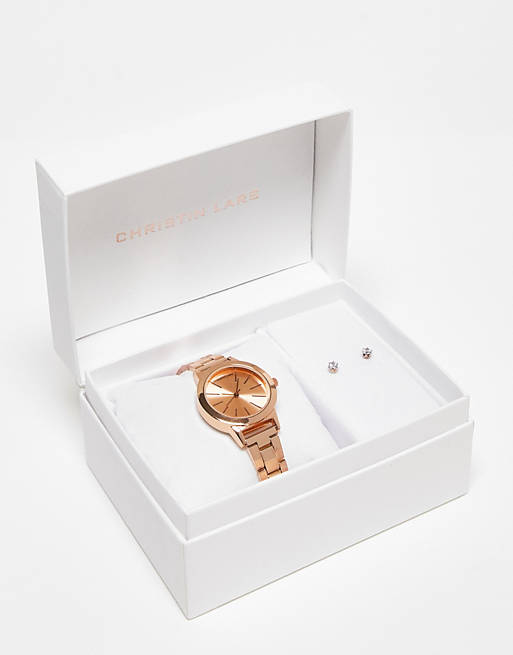 Christian Lars watch and earring gift set in rose gold