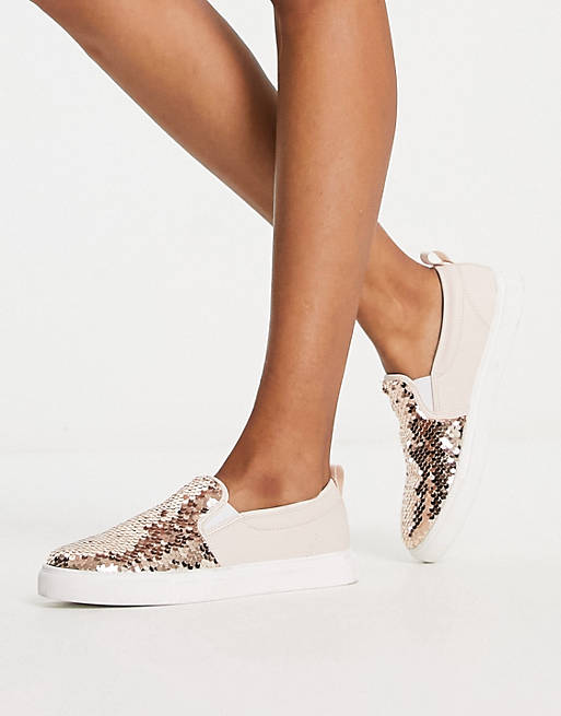 ASOS DESIGN Dreamy slip on Trainers in Rose Gold Sequin