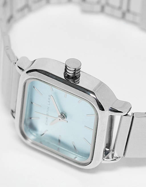 Christin Lars Sqaure Face Link Strap Watch in Silver and Blue