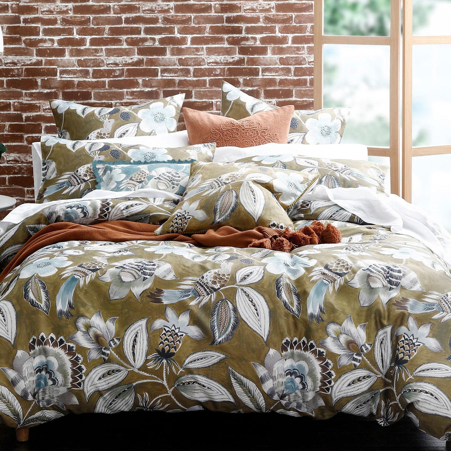 M M LINEN King Olive Bird Patterned Duvet Set 220TC