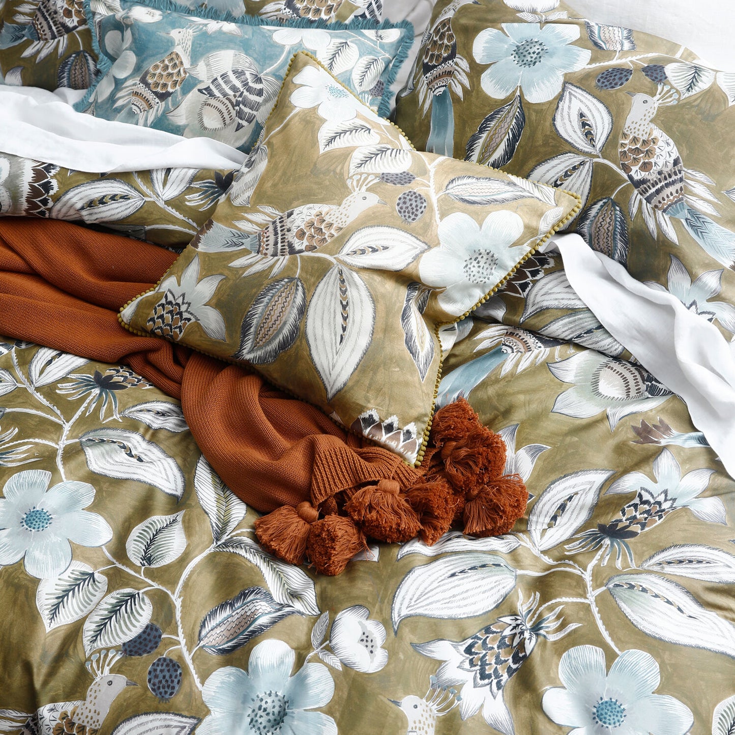 M M LINEN King Olive Bird Patterned Duvet Set 220TC