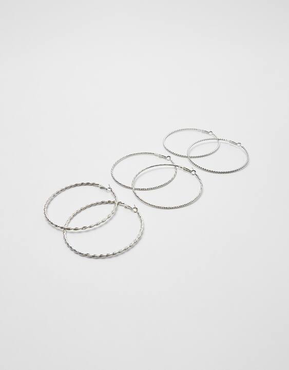 BERKSHA Set Of 3 Pairs Of Thin Hoop Earrings - Silver