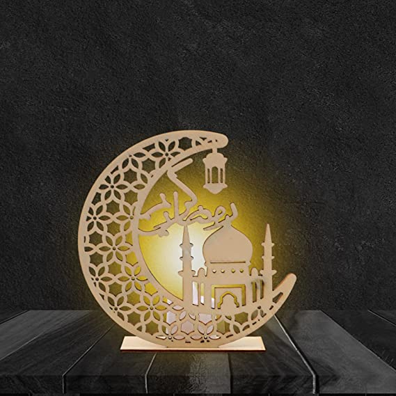 Generic Ramadan Mubarak Decorative Lights Wooden Table Decoration LED Moon Star Lights Table Top Ornaments Beige