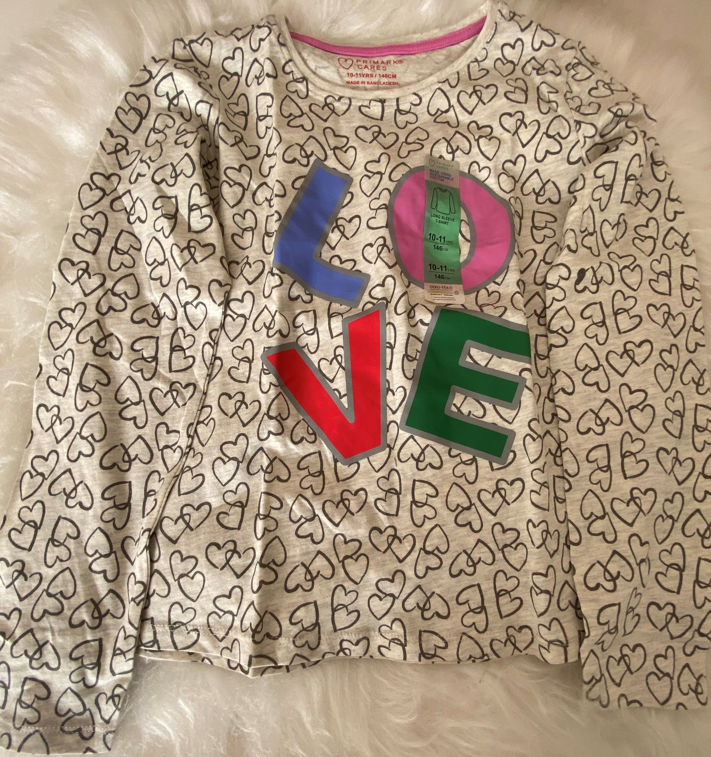 Primark LOVE with hearts Long Sleeve T-shirt Ecru