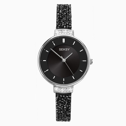 SEKSY Silver Tone & Black Embellished Watch