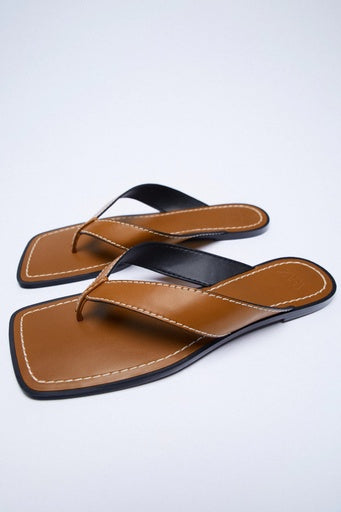 ZARA FLAT SANDALS WITH TOPSTITCHING AND SQUARE TOE BROWN