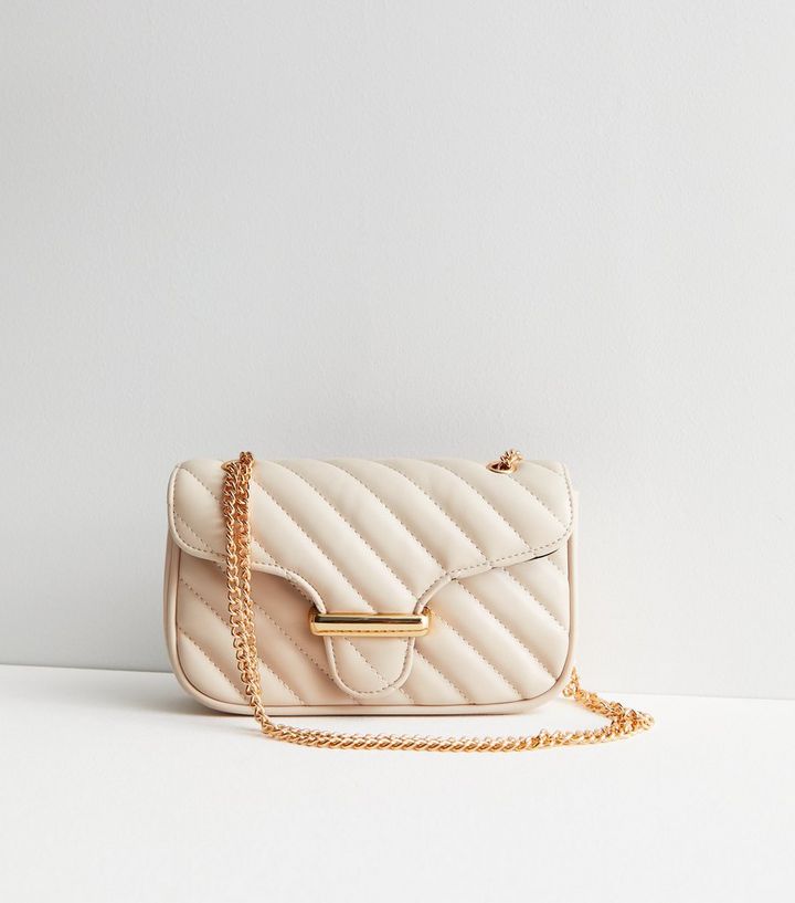 Cream Quilted Leather-Look Chain Strap Cross Body Bag