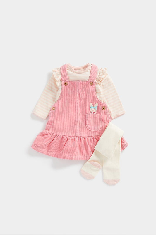 Mothercare Cord Pinny Dress, Bodysuit and Tights Set - Pink