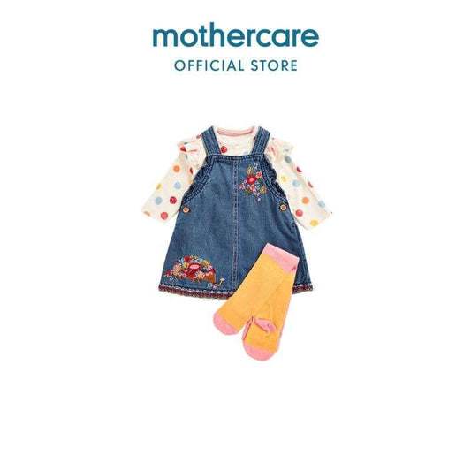 Mothercare Denim Pinny Dress, Bodysuit and Tights Set