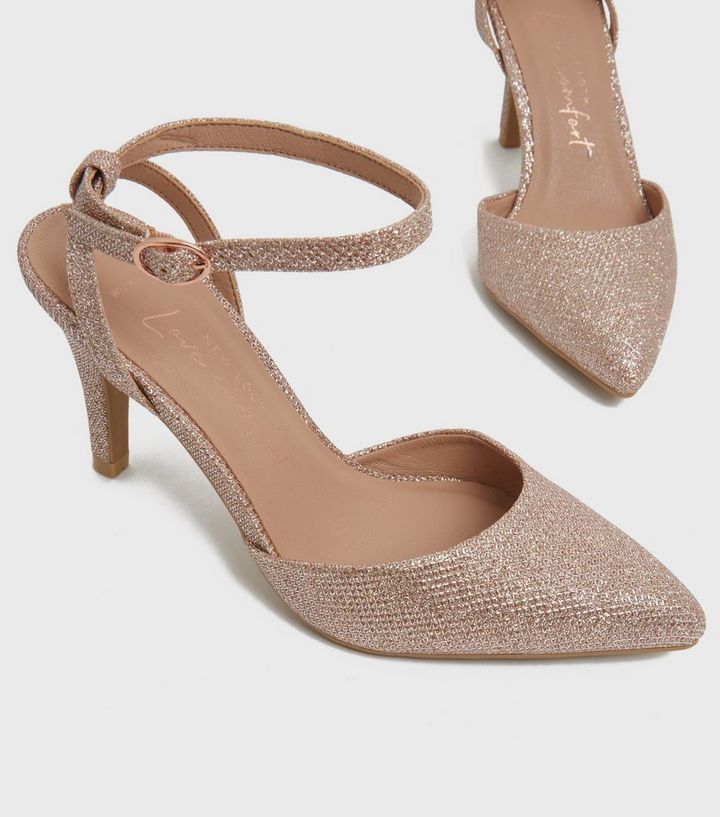 NEW LOOK Wide Fit Rose Gold Glitter Pointed Court Shoes