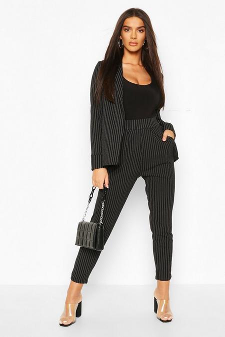 PINSTRIPE TAILORED BLAZER AND TROUSER CO-ORD SUIT - BLACK - 12